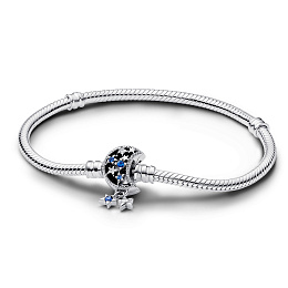 Snake chain sterling silver bracelet with moon clasp with stellar blue crystal and clear cubic zirco