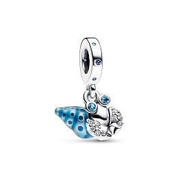 Hermit crab sterling silver dangle with stellar blue, icy green crystal, clear cubic zirconia and bl