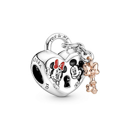 Disney Minnie and Mickey heart padlock and key sterling silver and 14k rose gold-plated charm with r