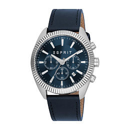 ESPRIT Men Watch, Silver Color Case, Dark Blue Dial, Dark Blue Leather Strap, Chronograph, 10 ATM