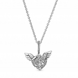 Heart and wings sterling silver pendantwith clear 