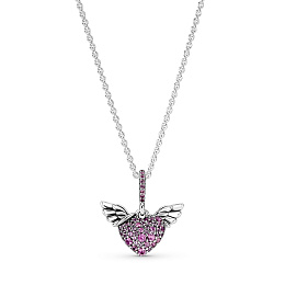 Heart and wings sterling silver pendant with phlox pink crystal and necklace/Серебряная подвеска с р